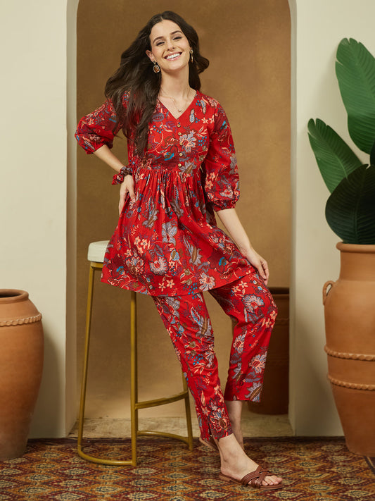 Janasya Bright Cotton Floral Peplum Top & Bottom Set 
