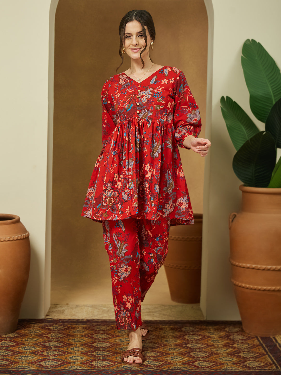 Janasya Bright Cotton Floral Peplum Top & Bottom Set 