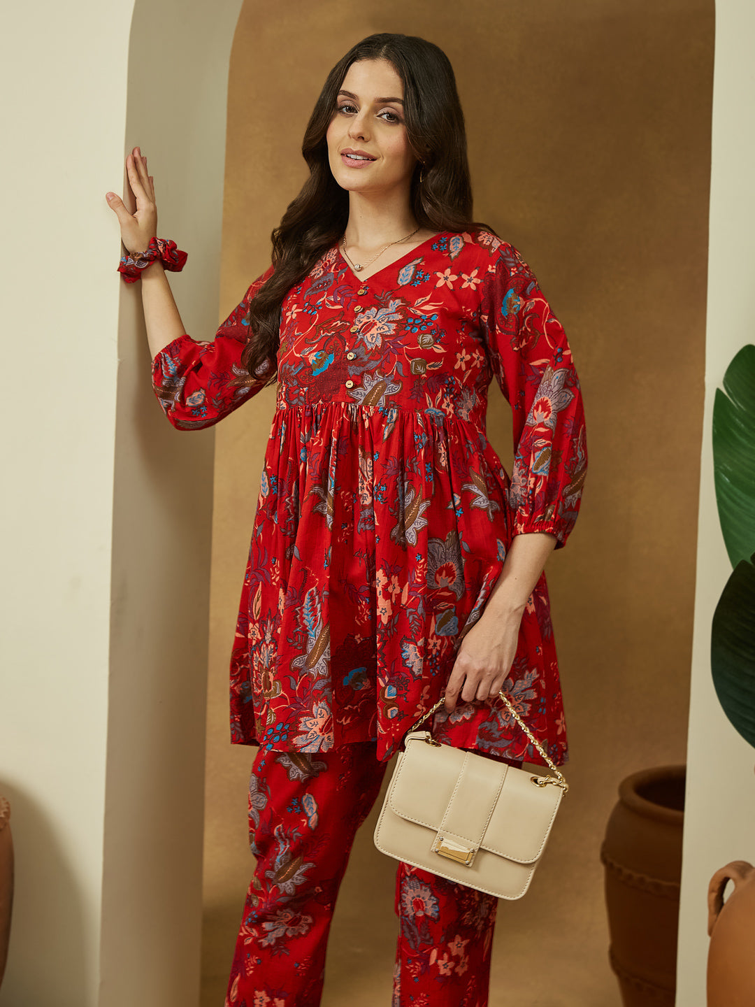 Janasya Bright Cotton Floral Peplum Top & Bottom Set 