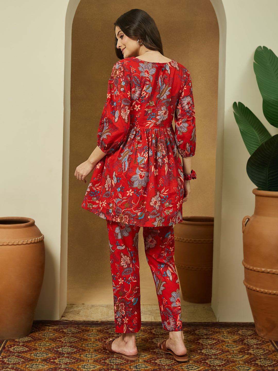 Janasya Bright Cotton Floral Peplum Top & Bottom Set 