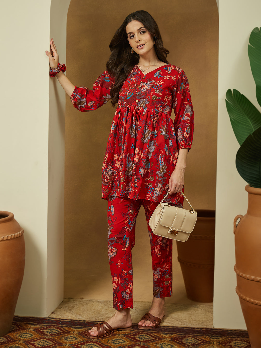 Janasya Bright Cotton Floral Peplum Top & Bottom Set 
