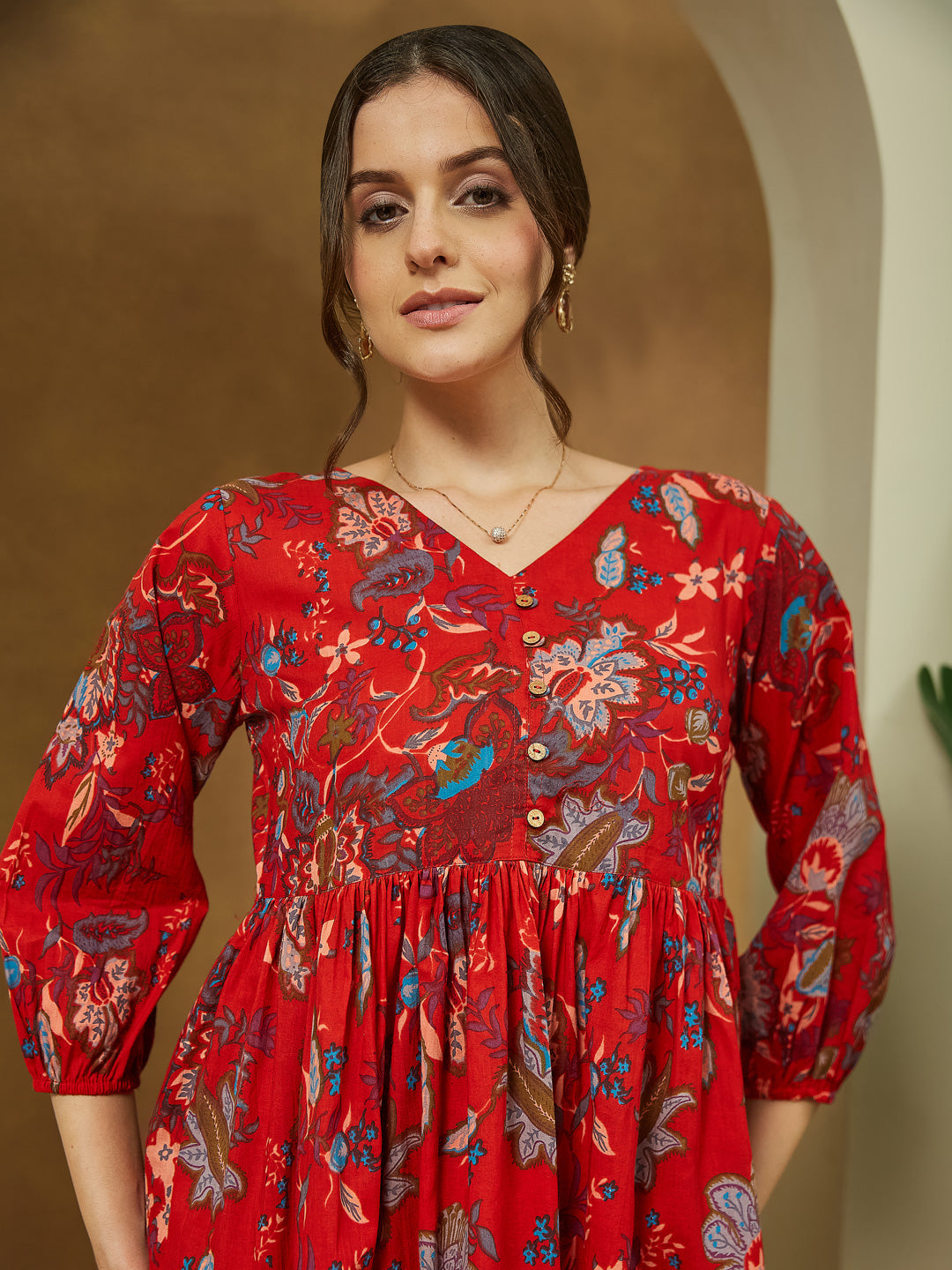 Janasya Bright Cotton Floral Peplum Top & Bottom Set 