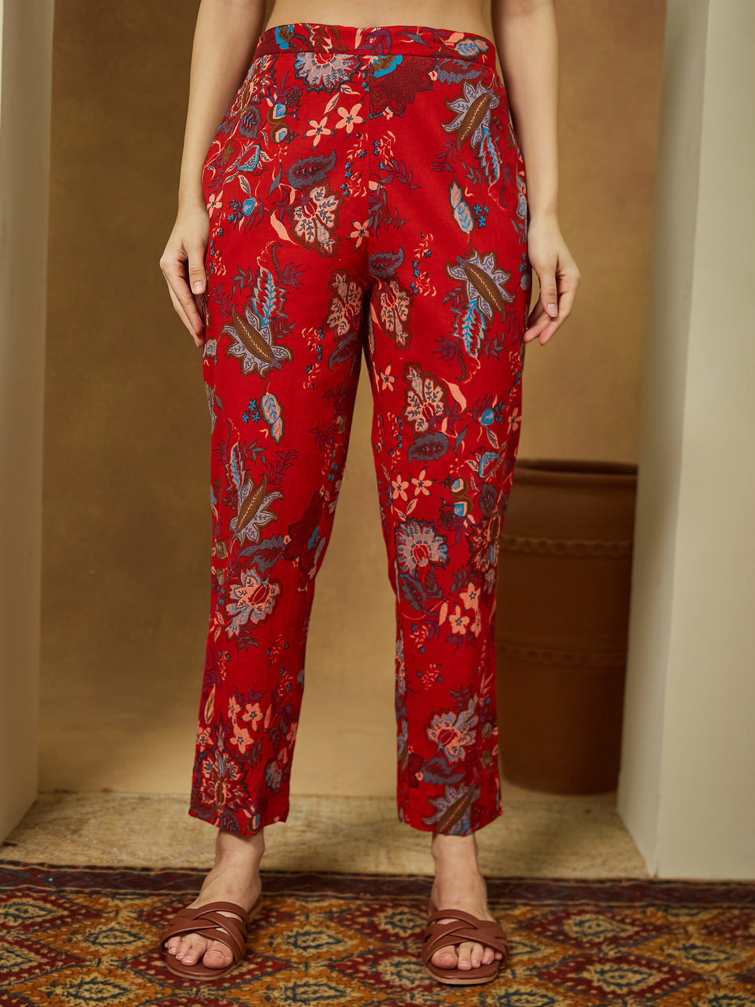 Janasya Bright Cotton Floral Peplum Top & Bottom Set 