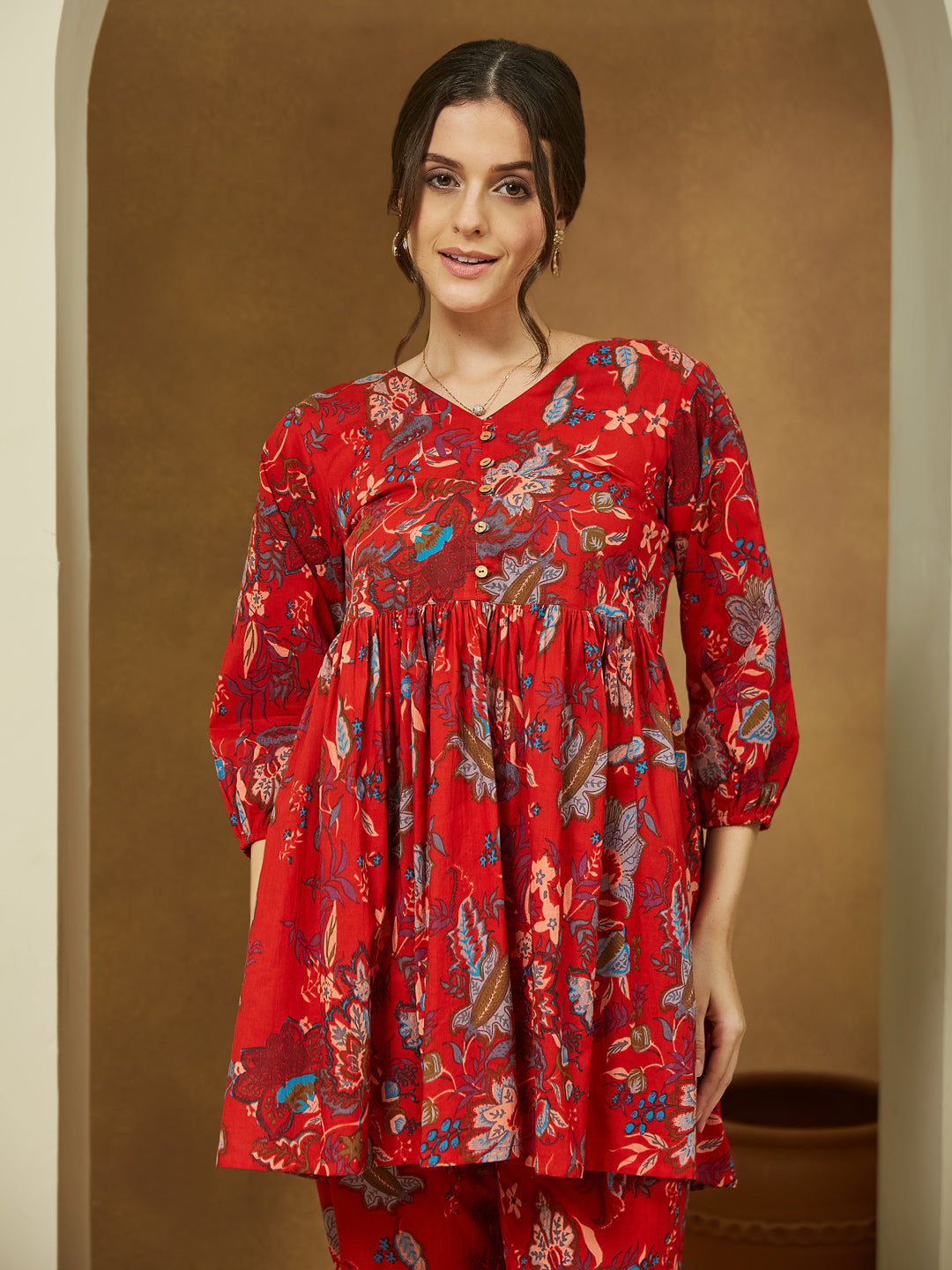 Janasya Bright Cotton Floral Peplum Top & Bottom Set 
