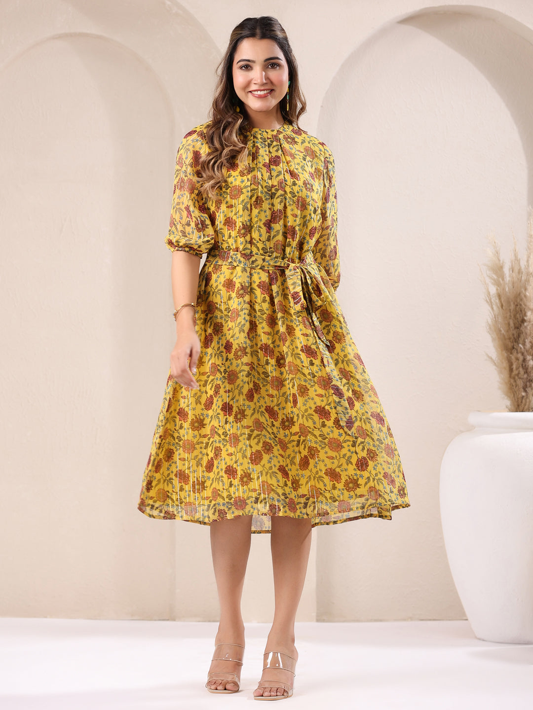Janasya Bright Georgette Floral A-Line Dress 