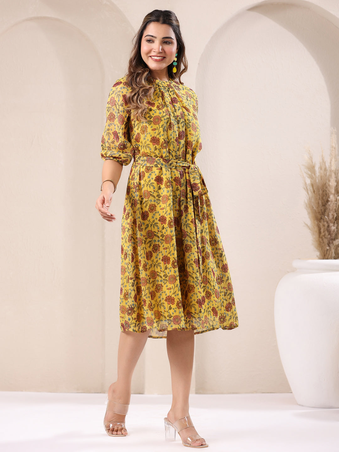 Janasya Bright Georgette Floral A-Line Dress 