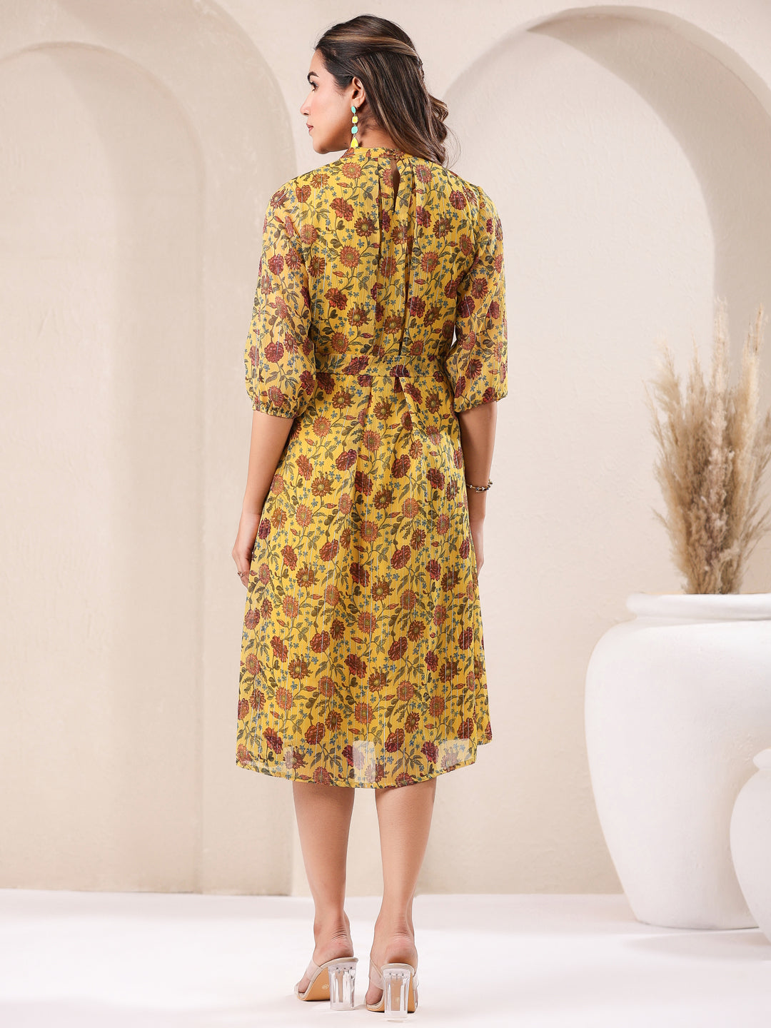 Janasya Bright Georgette Floral A-Line Dress 