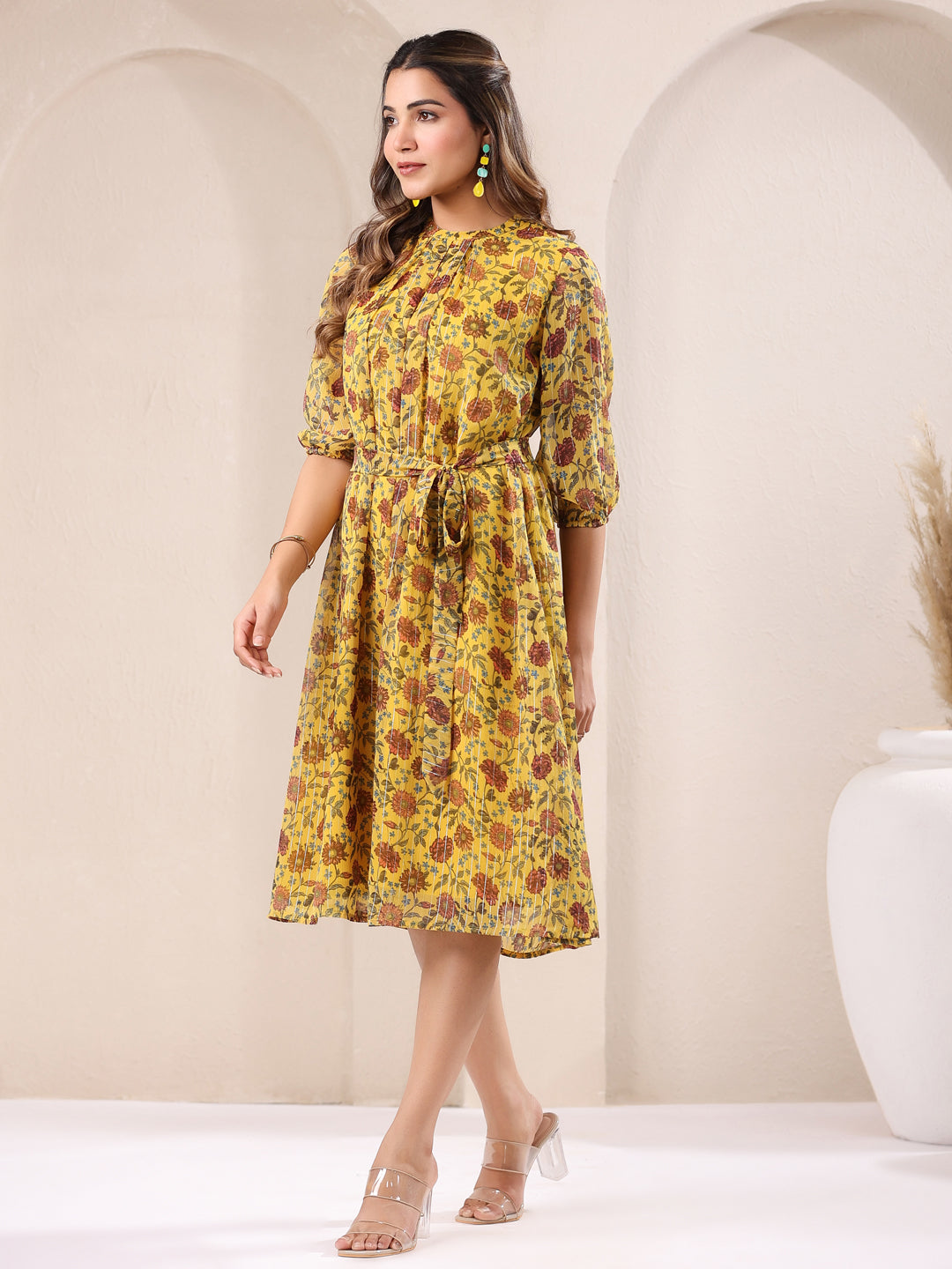 Janasya Bright Georgette Floral A-Line Dress 