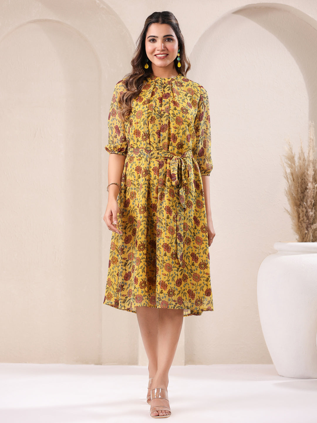 Janasya Bright Georgette Floral A-Line Dress 