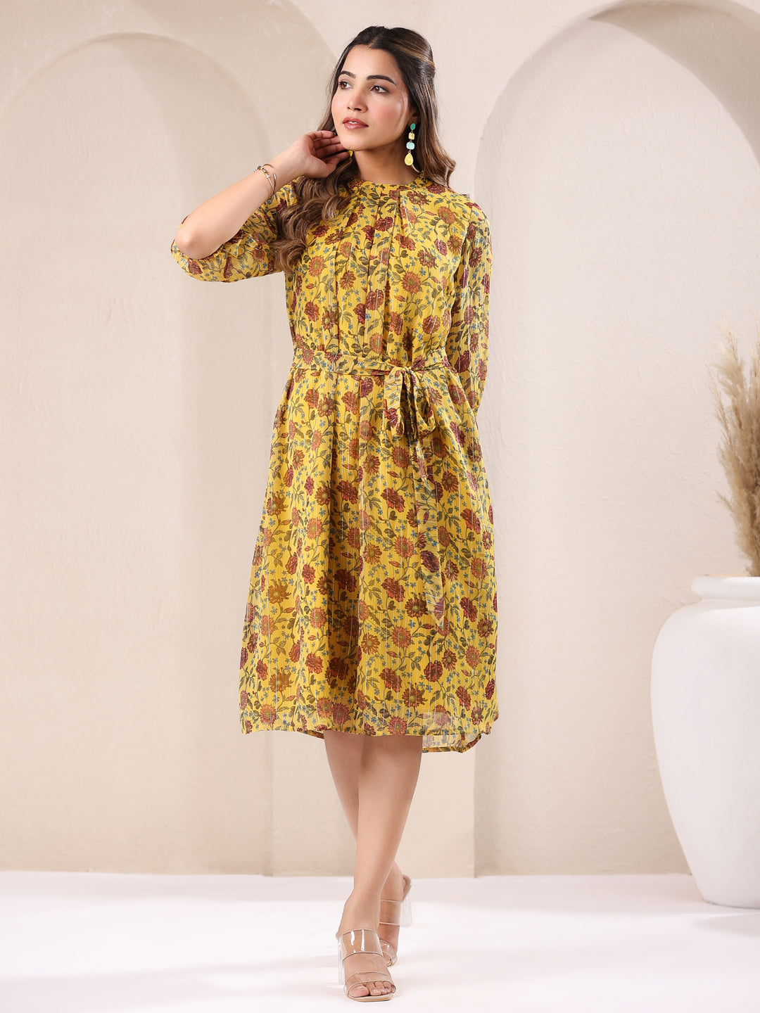 Janasya Bright Georgette Floral A-Line Dress 