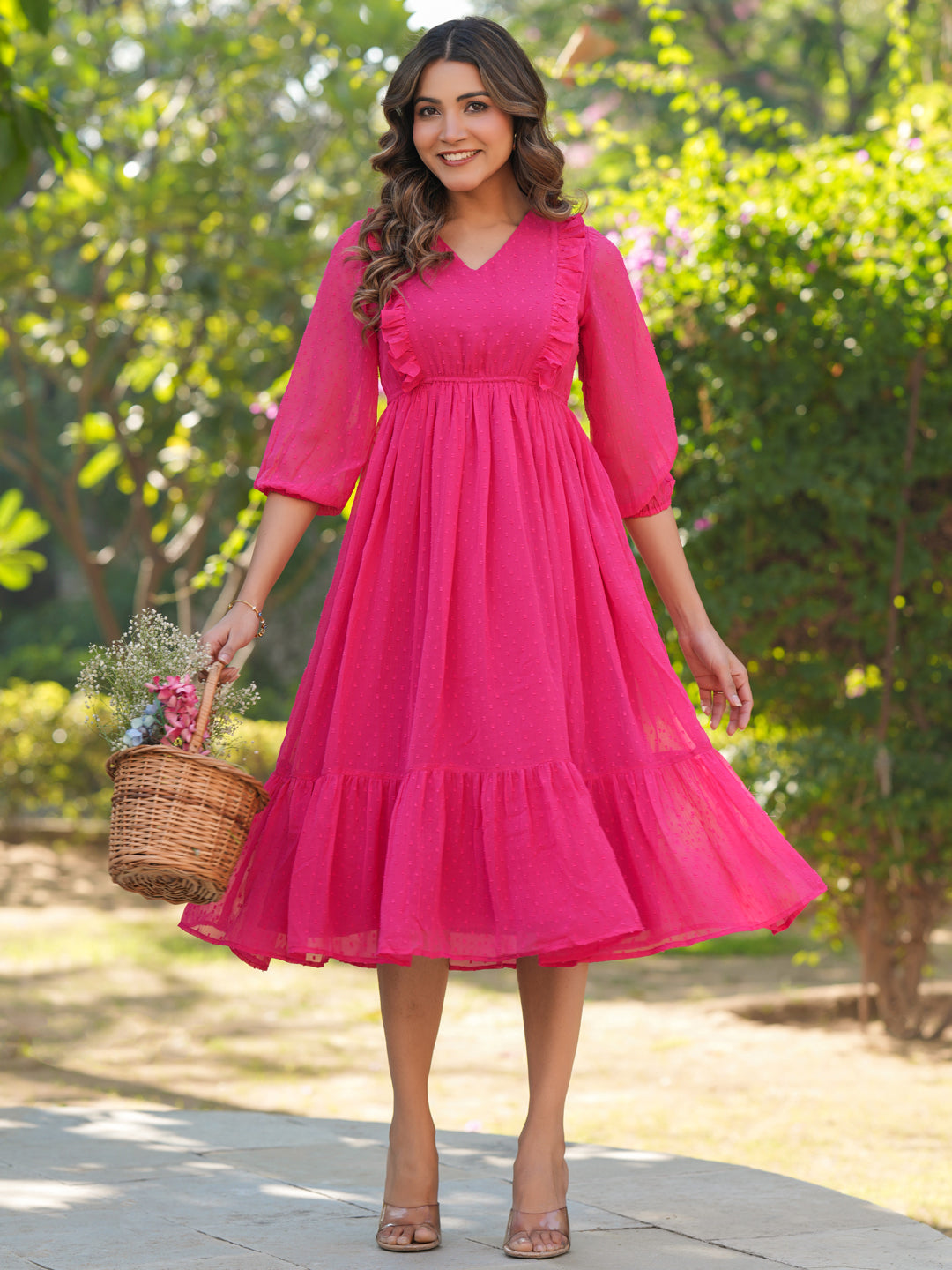Janasya Bright Dobby Chiffon Self Design Fit & Flare Dress 
