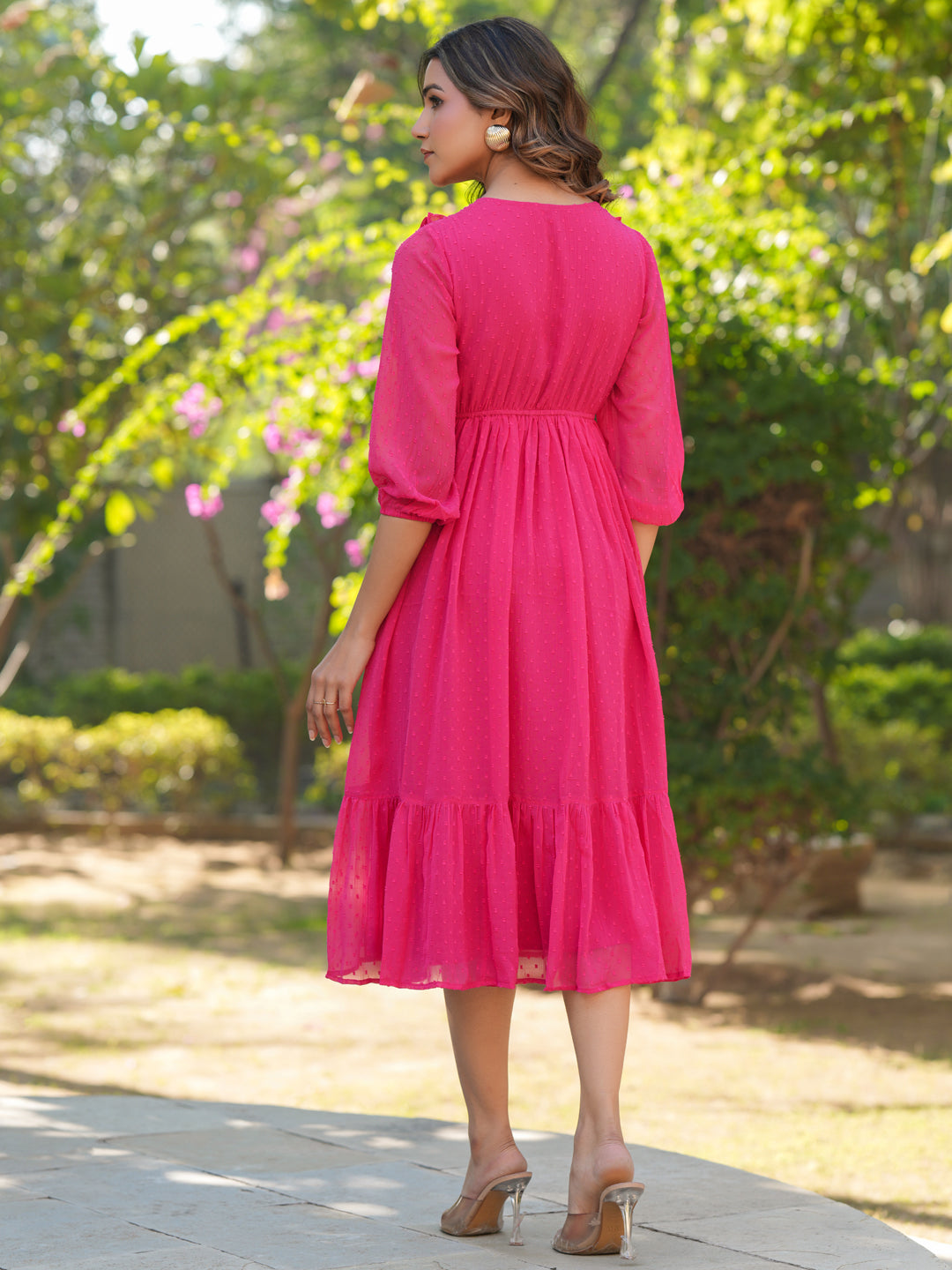 Janasya Bright Dobby Chiffon Self Design Fit & Flare Dress 