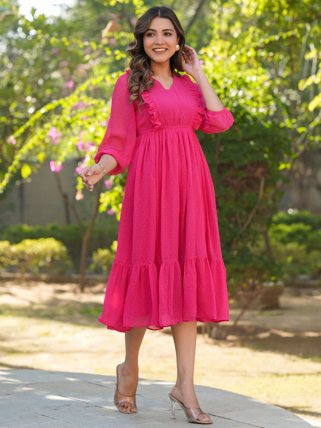 Janasya Bright Dobby Chiffon Self Design Fit & Flare Dress 