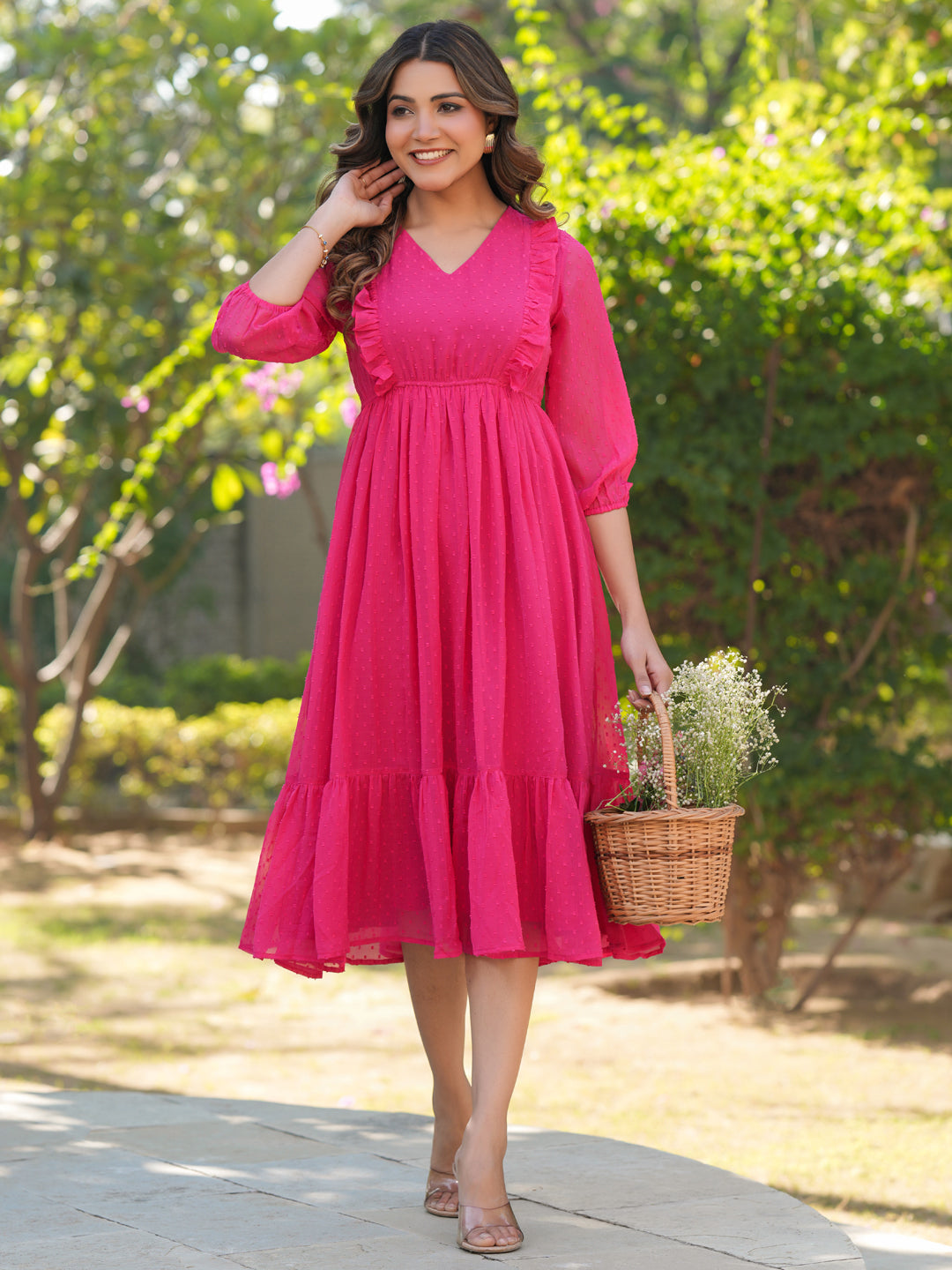 Janasya Bright Dobby Chiffon Self Design Fit & Flare Dress 