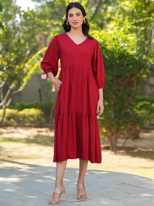 Janasya Bright Rayon Solid Tiered Dress 