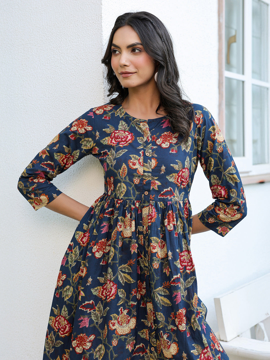 Janasya Dark Cotton Floral A-Line DRESS 
