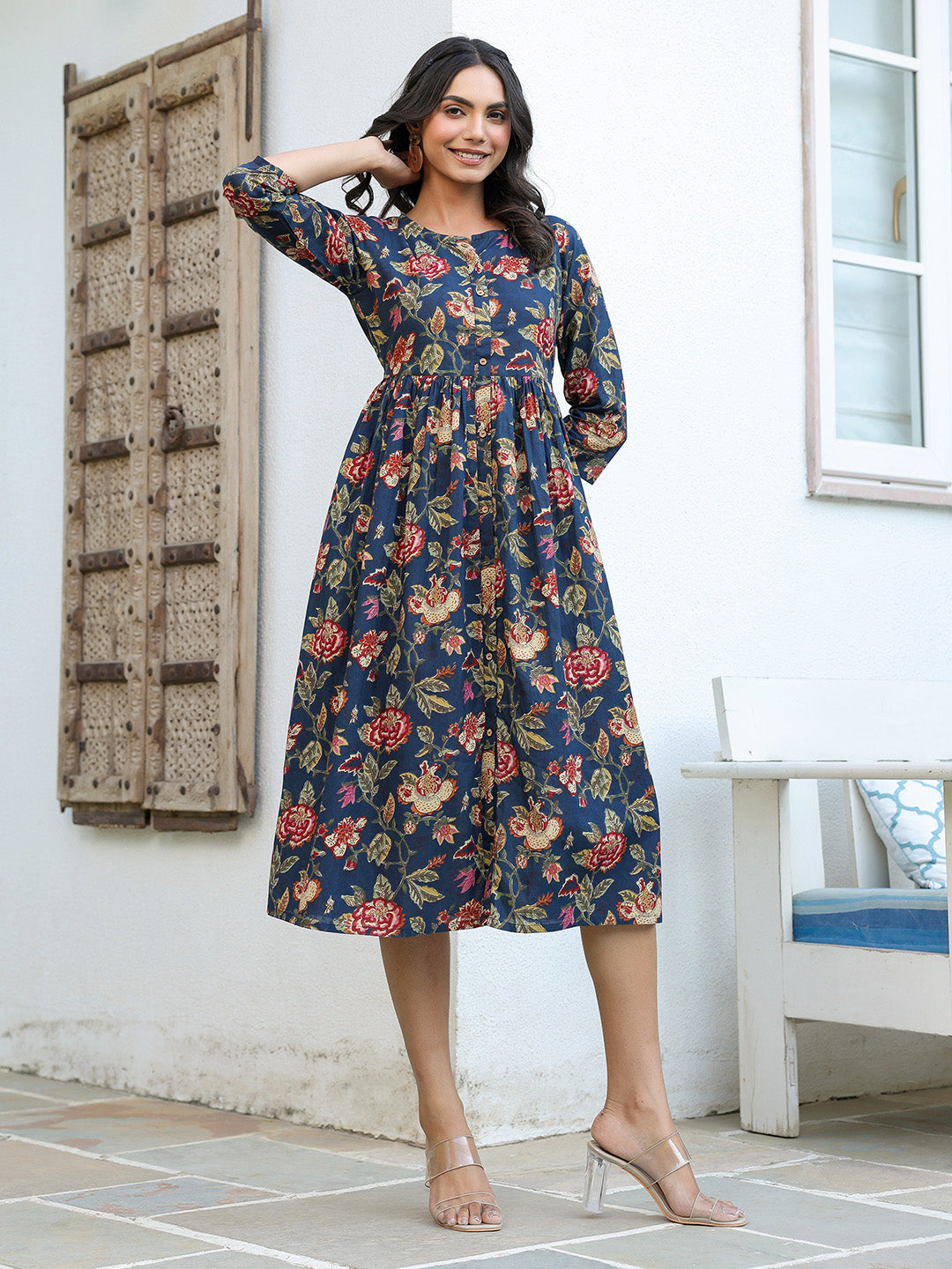 Janasya Dark Cotton Floral A-Line DRESS 