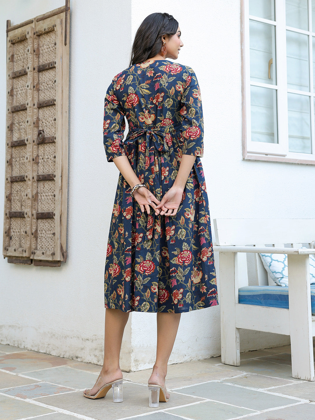 Janasya Dark Cotton Floral A-Line DRESS 