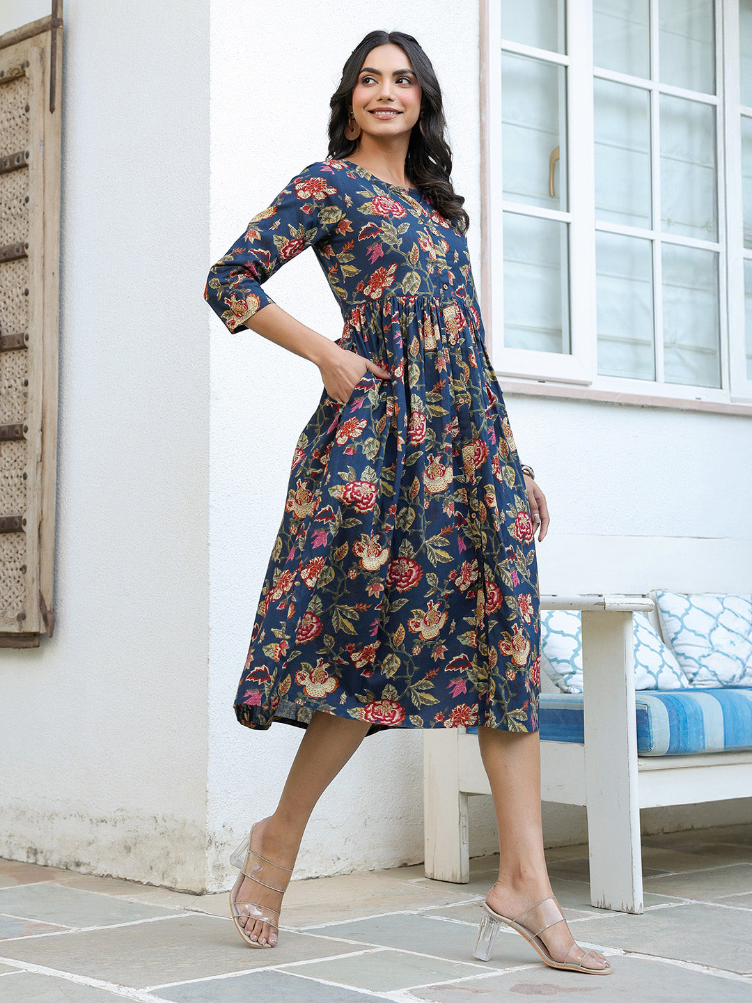 Janasya Dark Cotton Floral A-Line DRESS 