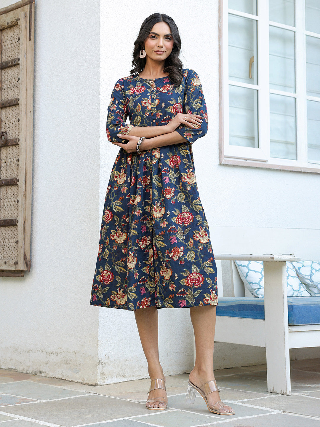 Janasya Dark Cotton Floral A-Line DRESS 