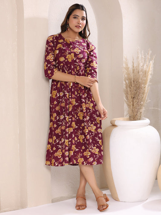 Janasya Dark Cotton Floral Gathered Dress 