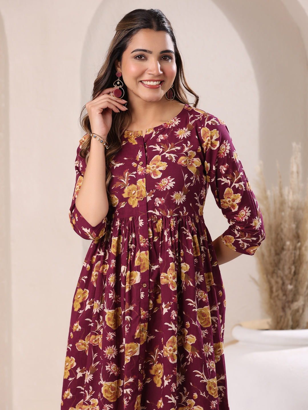 Janasya Dark Cotton Floral Gathered Dress 