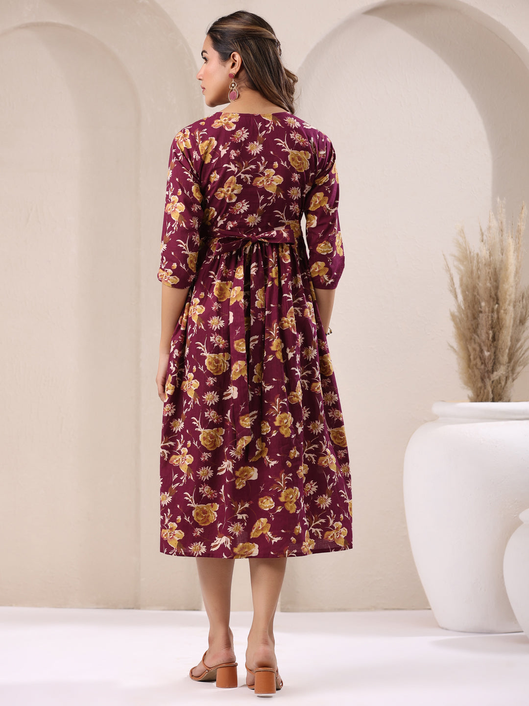 Janasya Dark Cotton Floral Gathered Dress 