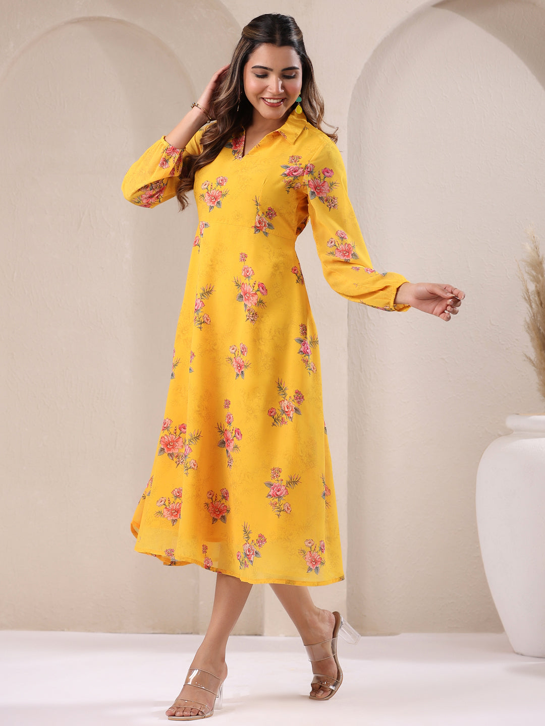 Janasya Bright Georgette Floral A-Line Dress 