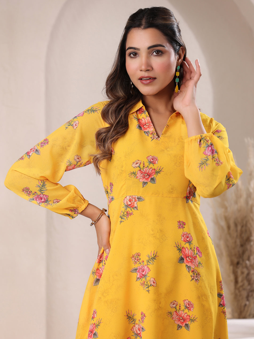 Janasya Bright Georgette Floral A-Line Dress 