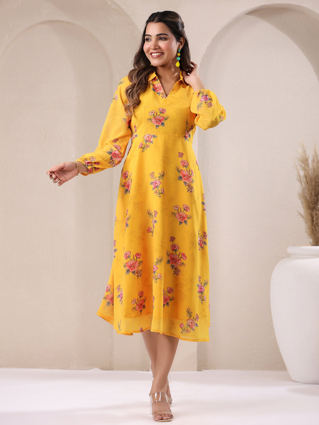 Janasya Bright Georgette Floral A-Line Dress 