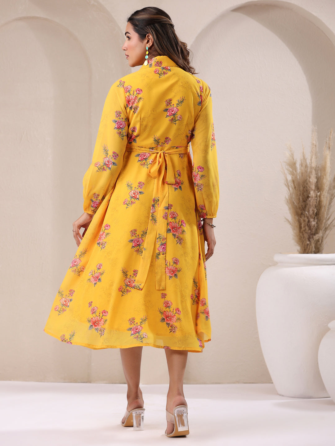 Janasya Bright Georgette Floral A-Line Dress 
