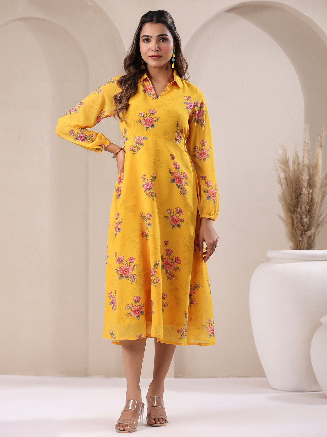 Janasya Bright Georgette Floral A-Line Dress 