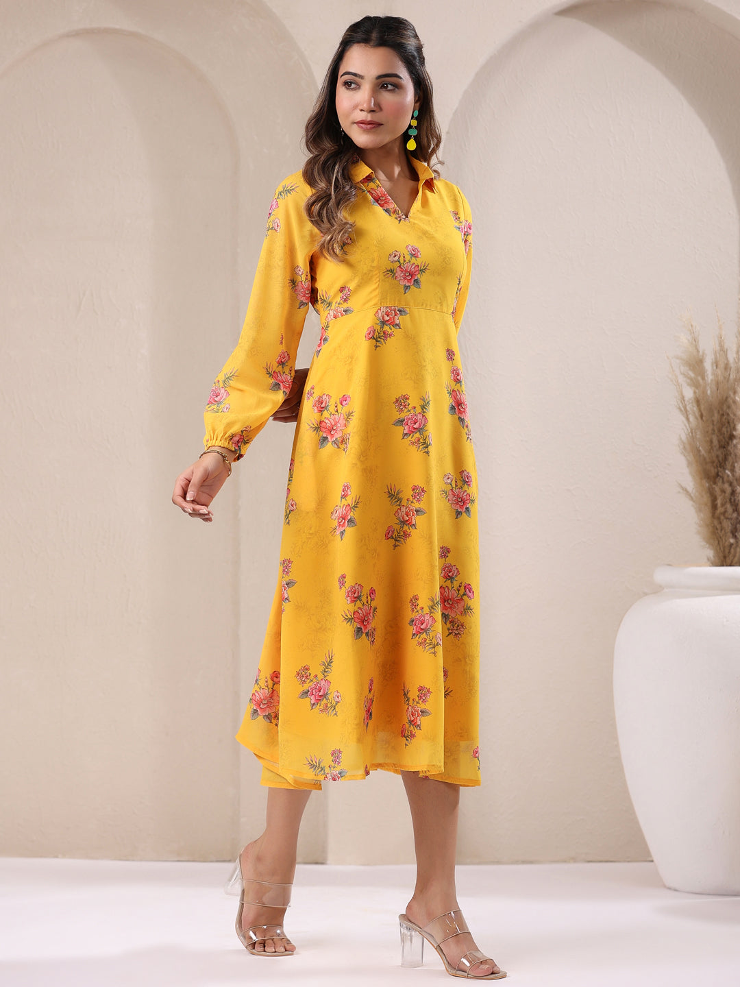 Janasya Bright Georgette Floral A-Line Dress 