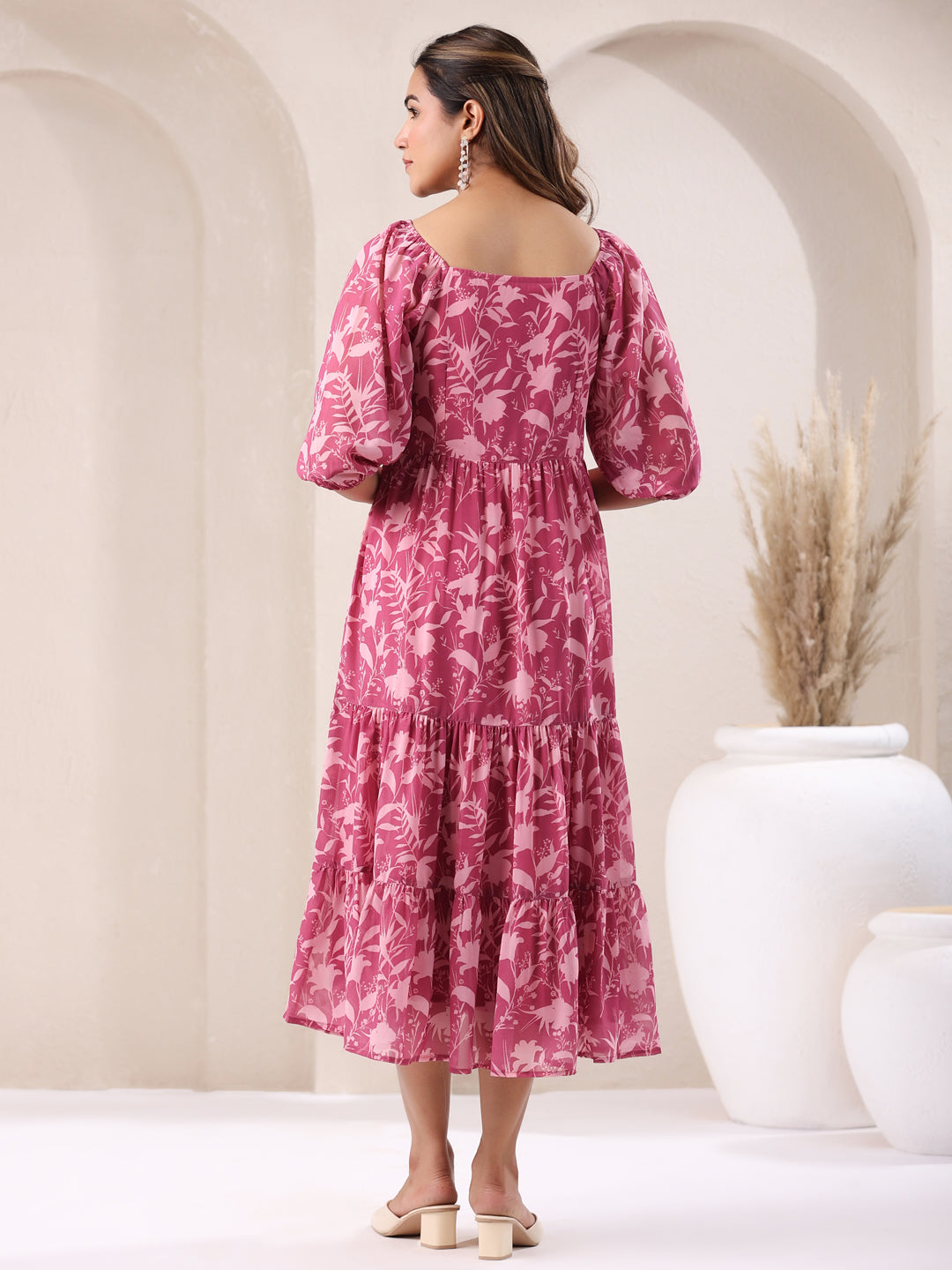 Janasya Dark Georgette Floral Tiered Dress 