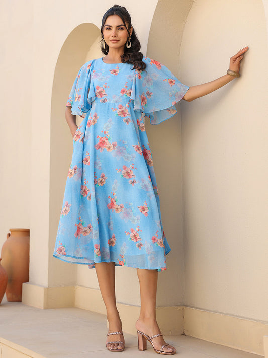 Janasya Bright Georgette Floral A-Line Dress 
