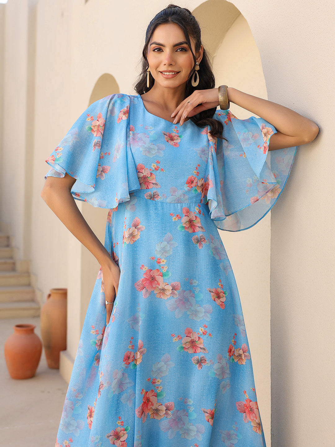 Janasya Bright Georgette Floral A-Line Dress 