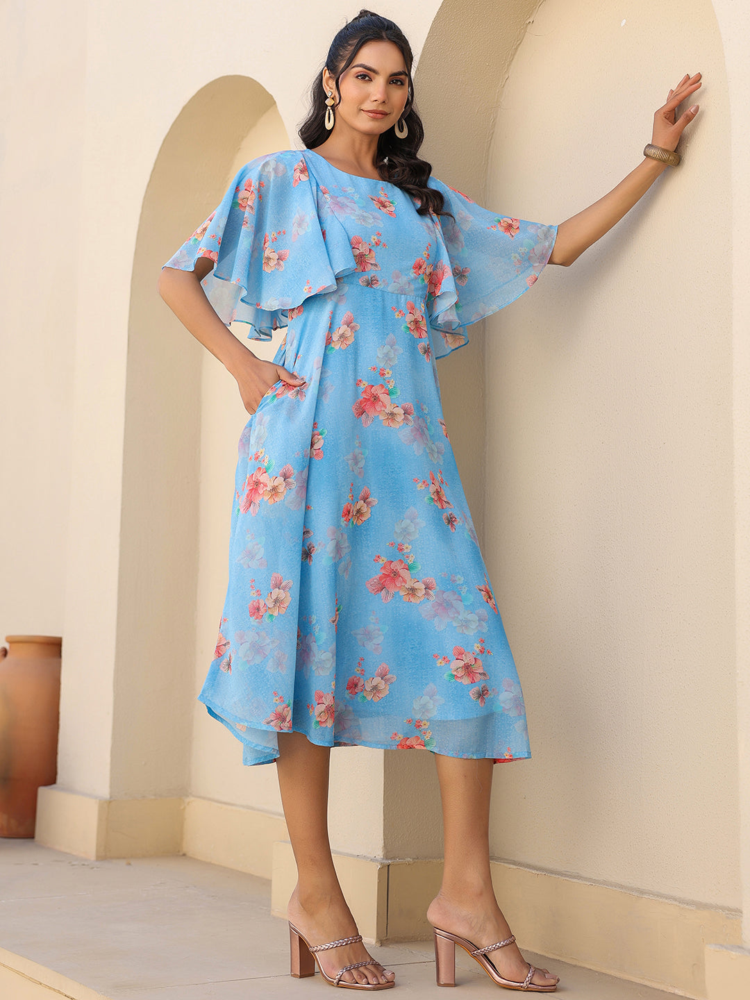 Janasya Bright Georgette Floral A-Line Dress 