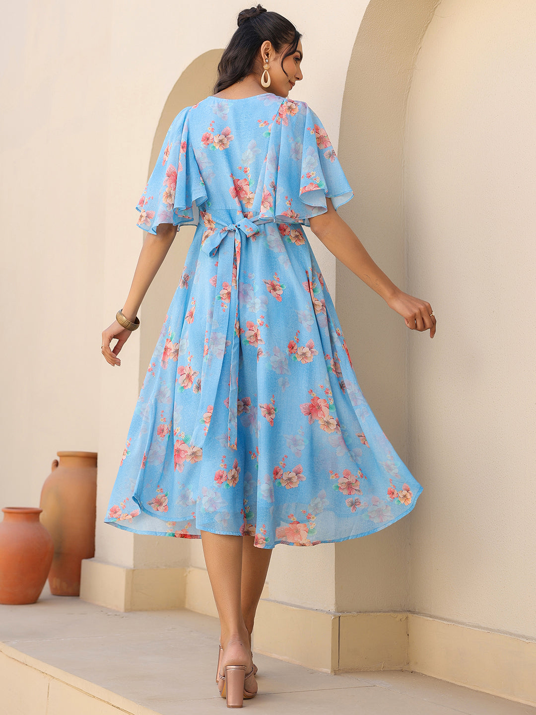Janasya Bright Georgette Floral A-Line Dress 