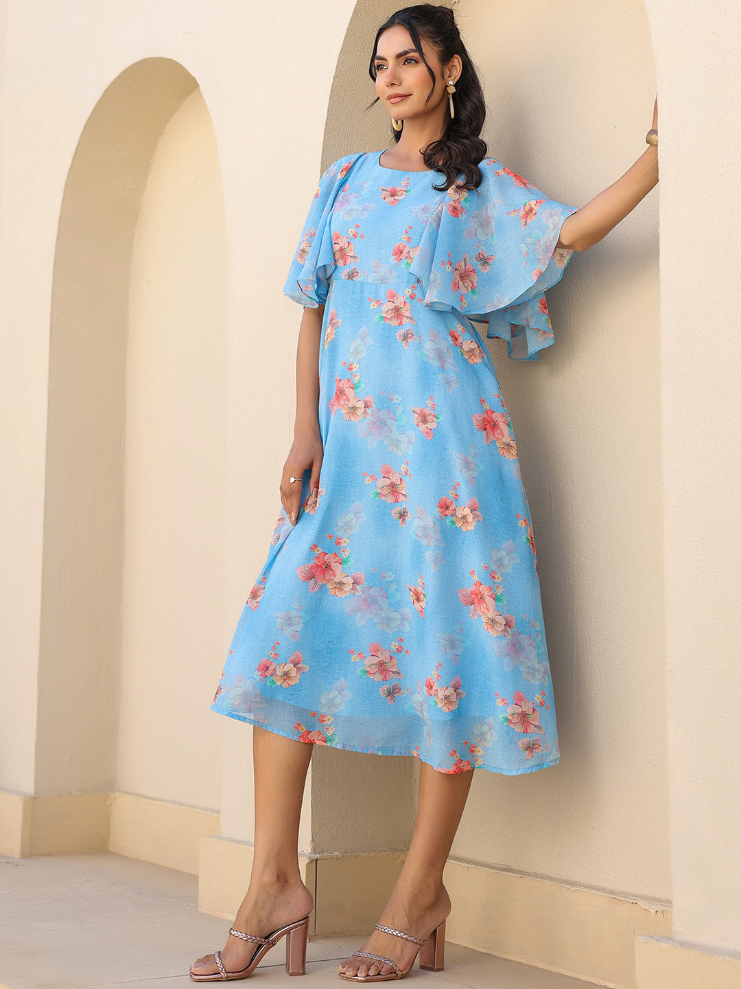 Janasya Bright Georgette Floral A-Line Dress 