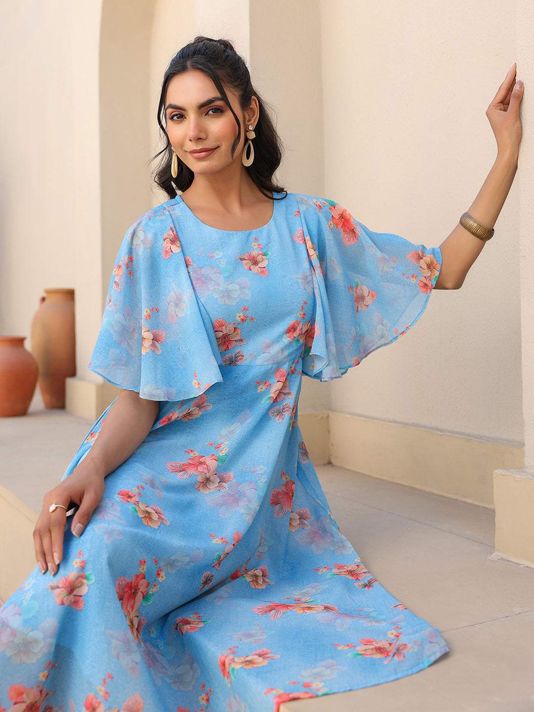 Janasya Bright Georgette Floral A-Line Dress 