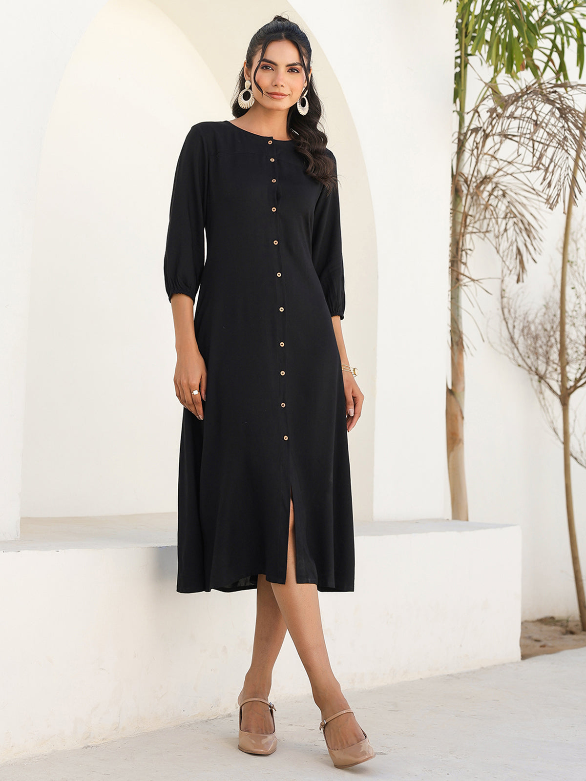 Janasya Dark Rayon Solid A-Line DRESS 