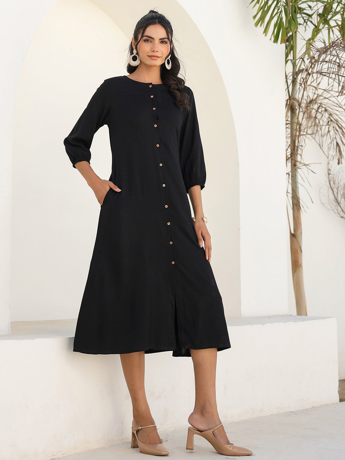 Janasya Dark Rayon Solid A-Line DRESS 