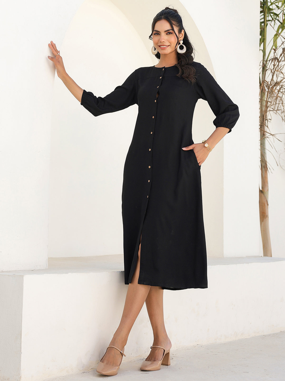 Janasya Dark Rayon Solid A-Line DRESS 