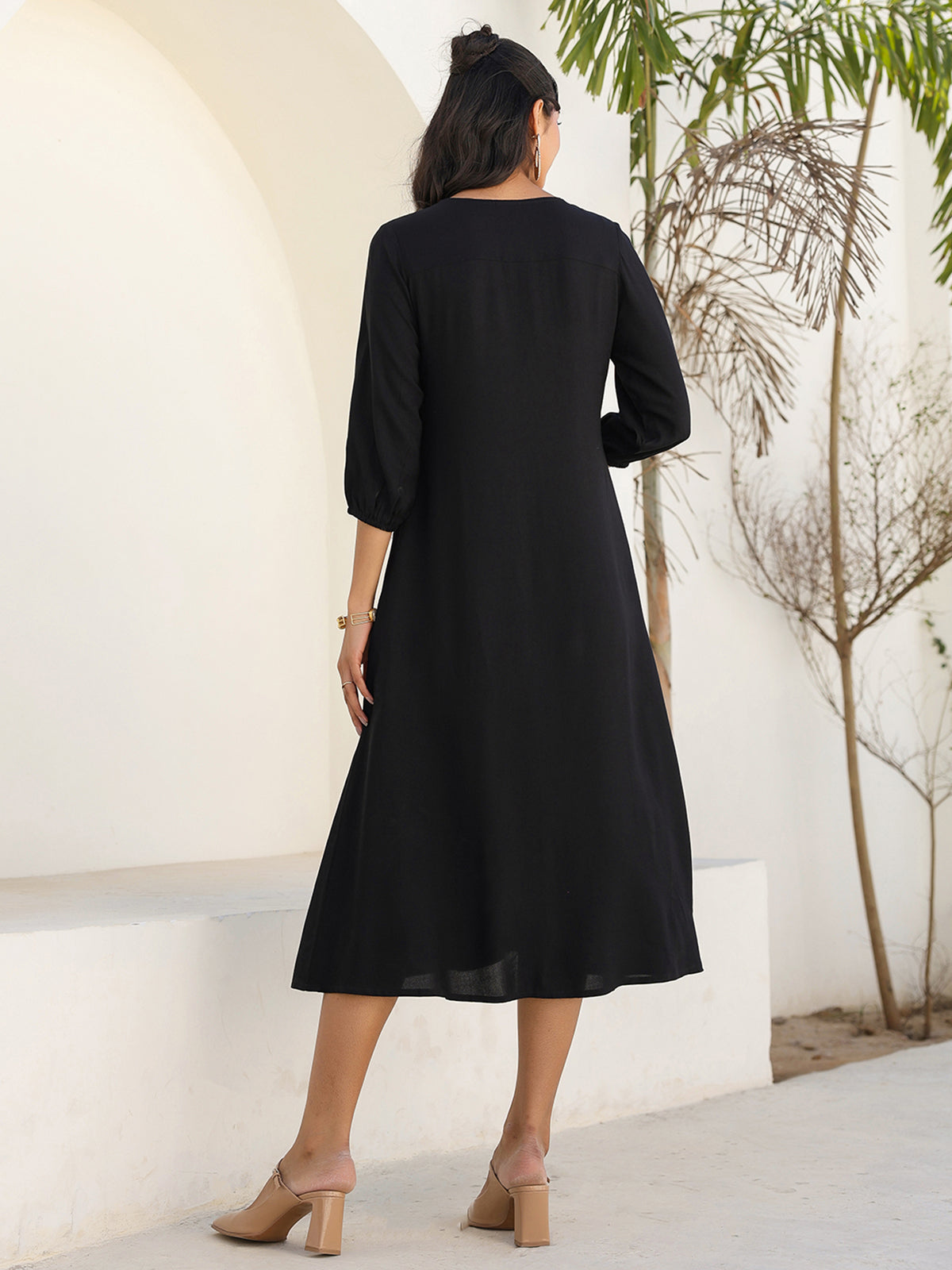 Janasya Dark Rayon Solid A-Line DRESS 