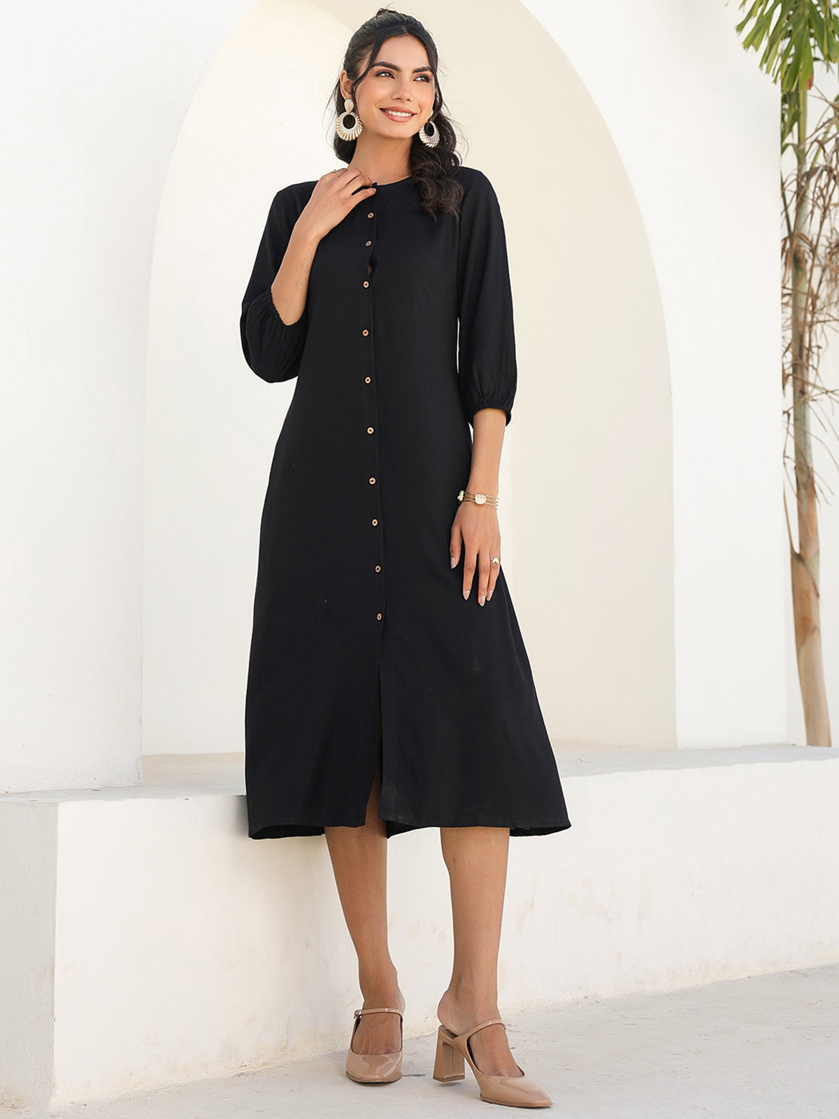 Janasya Dark Rayon Solid A-Line DRESS 