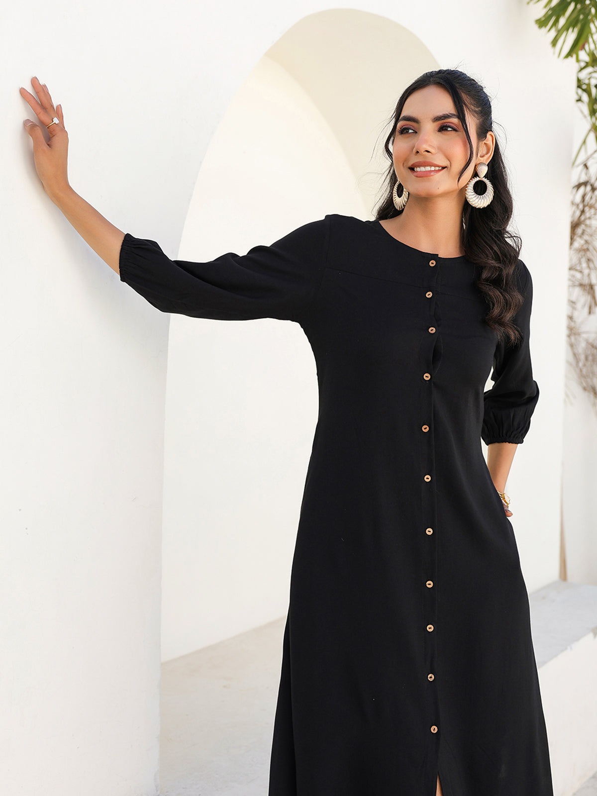 Janasya Dark Rayon Solid A-Line DRESS 