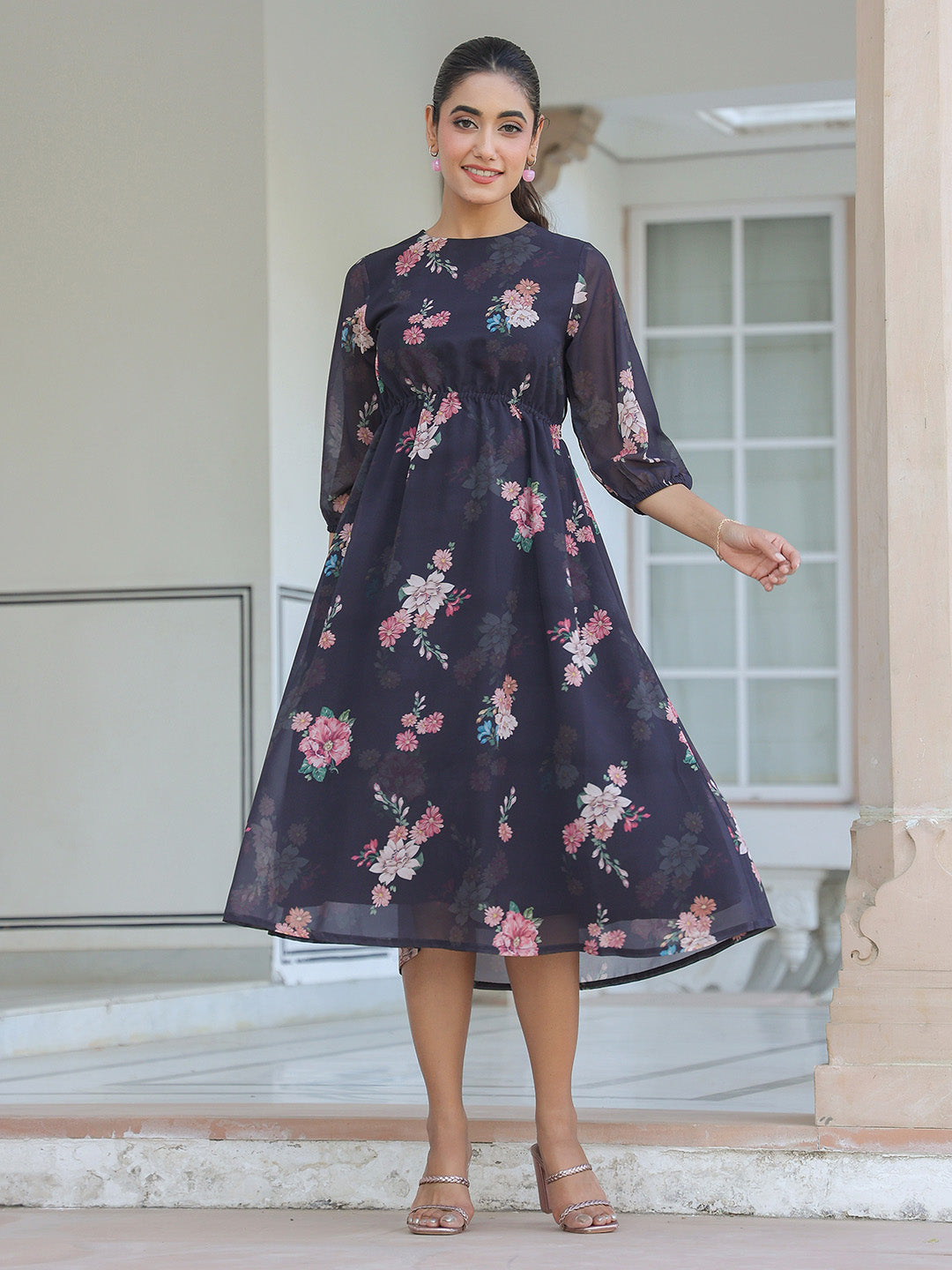 Janasya Dark Georgette Floral A-Line Dress 
