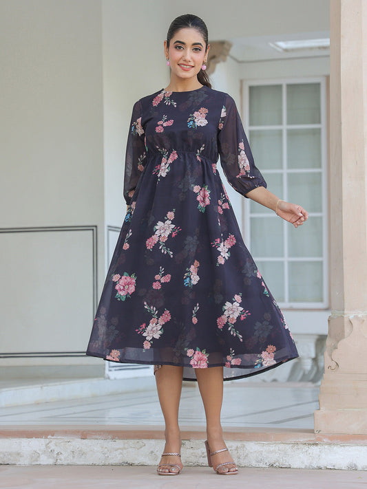 Janasya Dark Georgette Floral A-Line Dress 