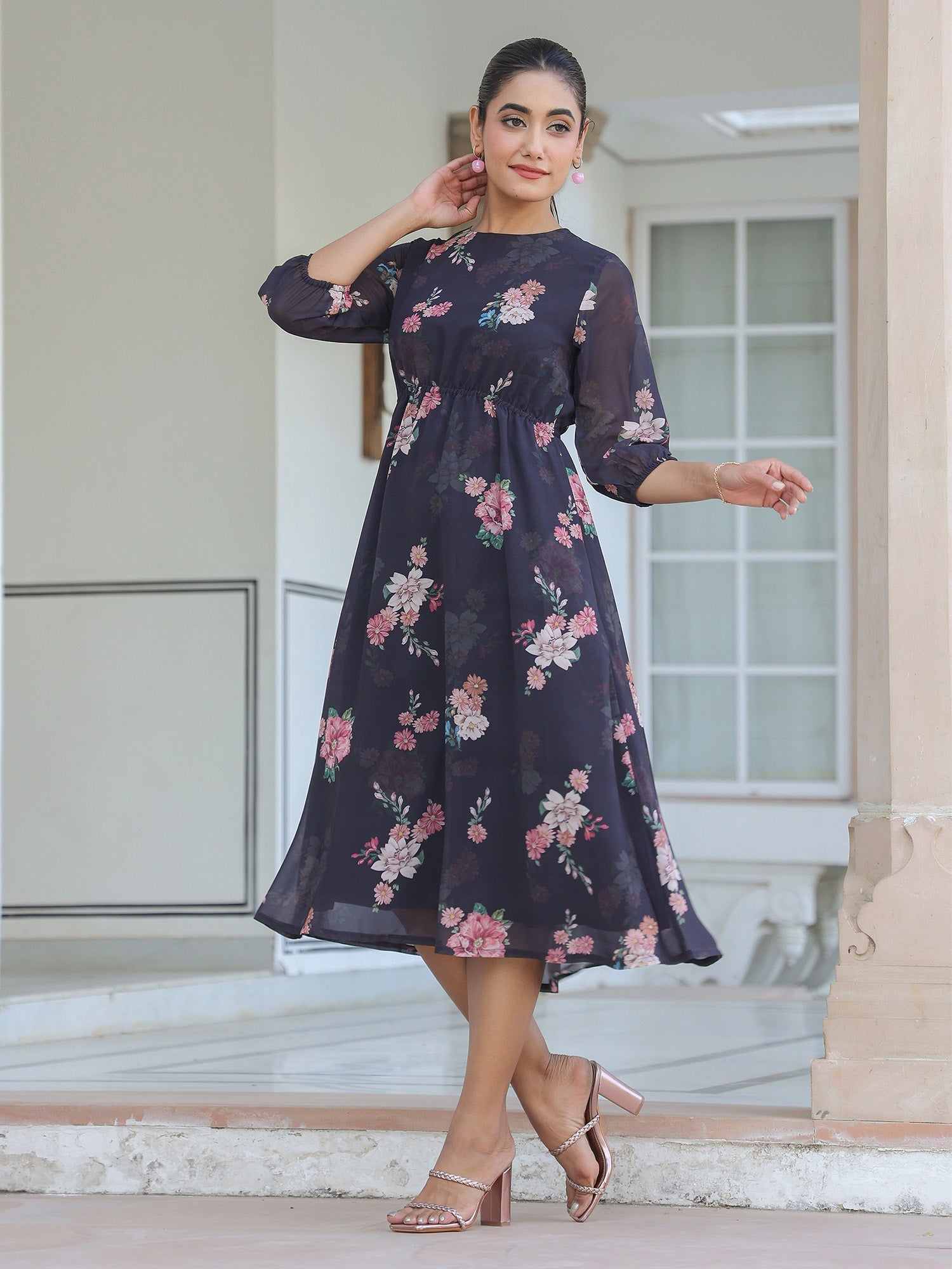 Janasya Dark Georgette Floral A-Line Dress 