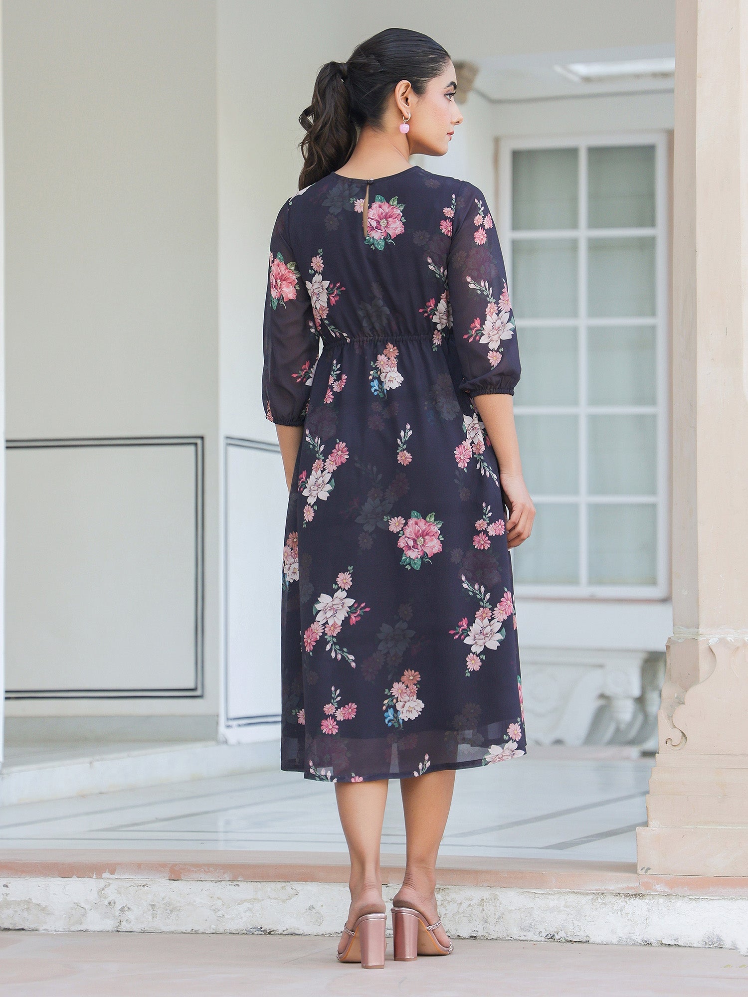 Janasya Dark Georgette Floral A-Line Dress 